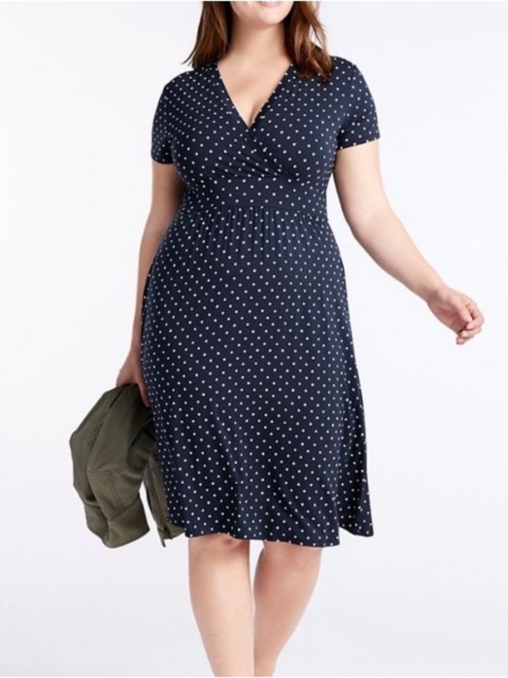 LL Bean Summer Knit Dress Classic Navy Blue White Polka Dot Jersey Knit XL